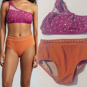 Custom made solo dance costume hot pink orange rhinestone illusion 2 piece  8/10